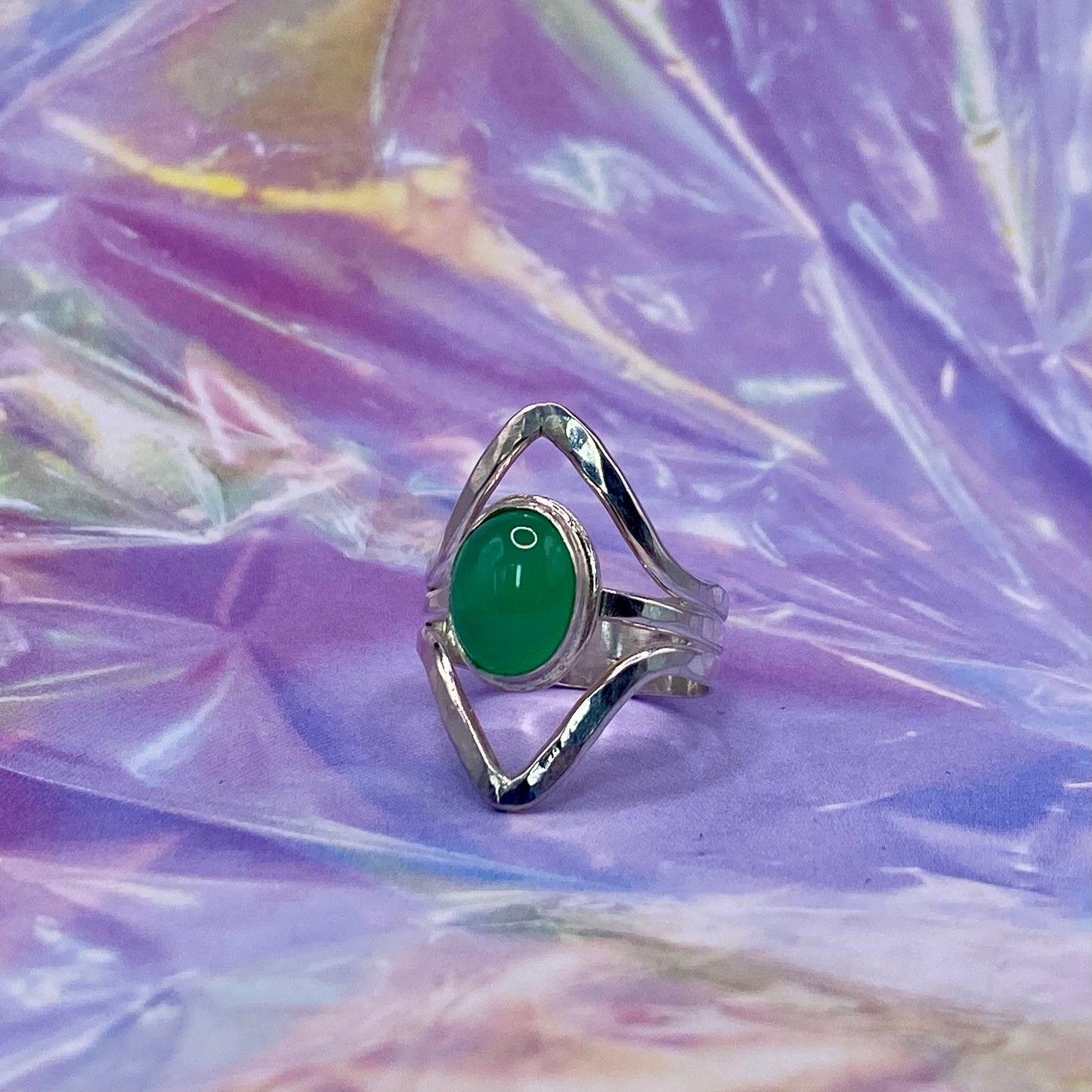 Sterling Silver Chrysoprase Hammered Triple Band Ring