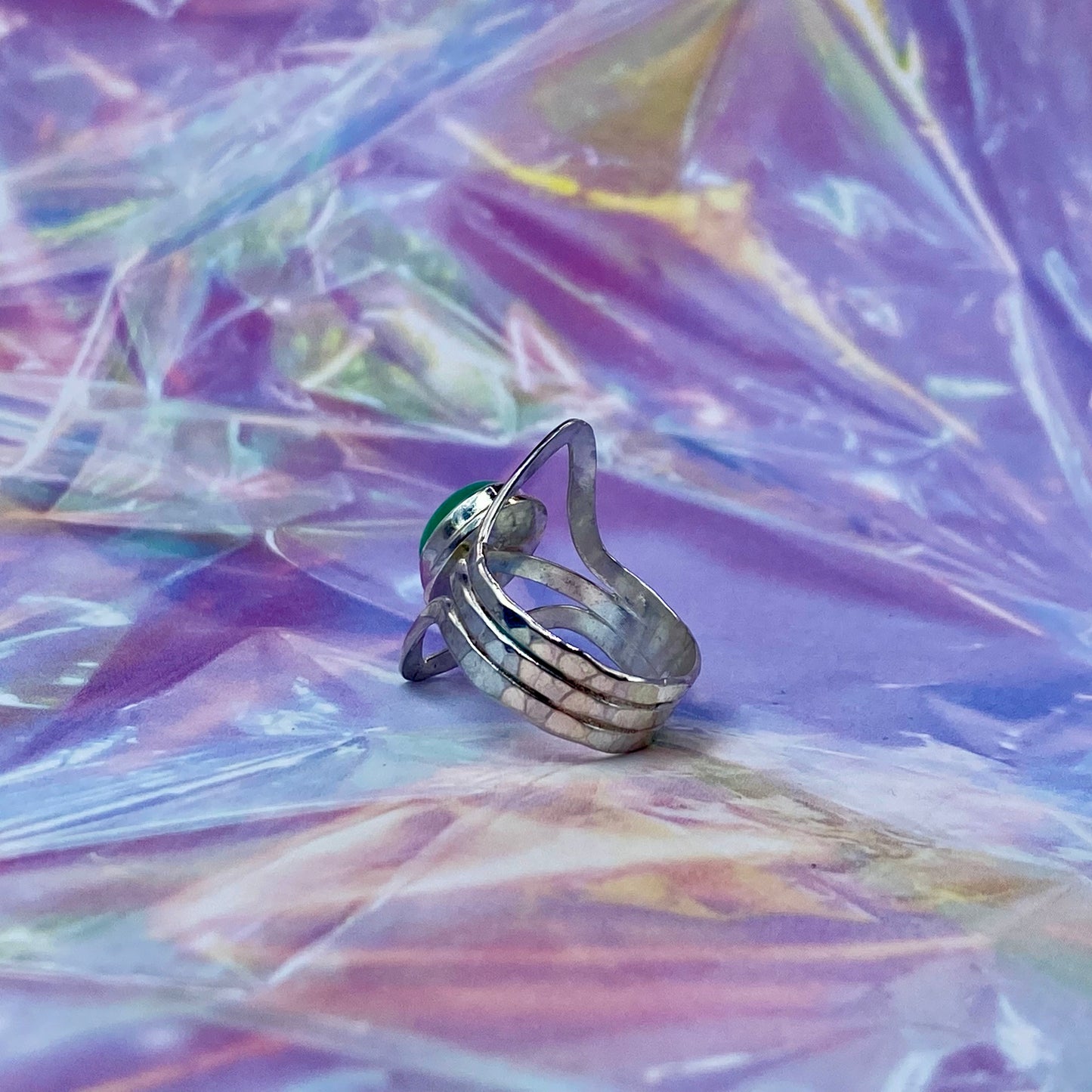 Sterling Silver Chrysoprase Hammered Triple Band Ring