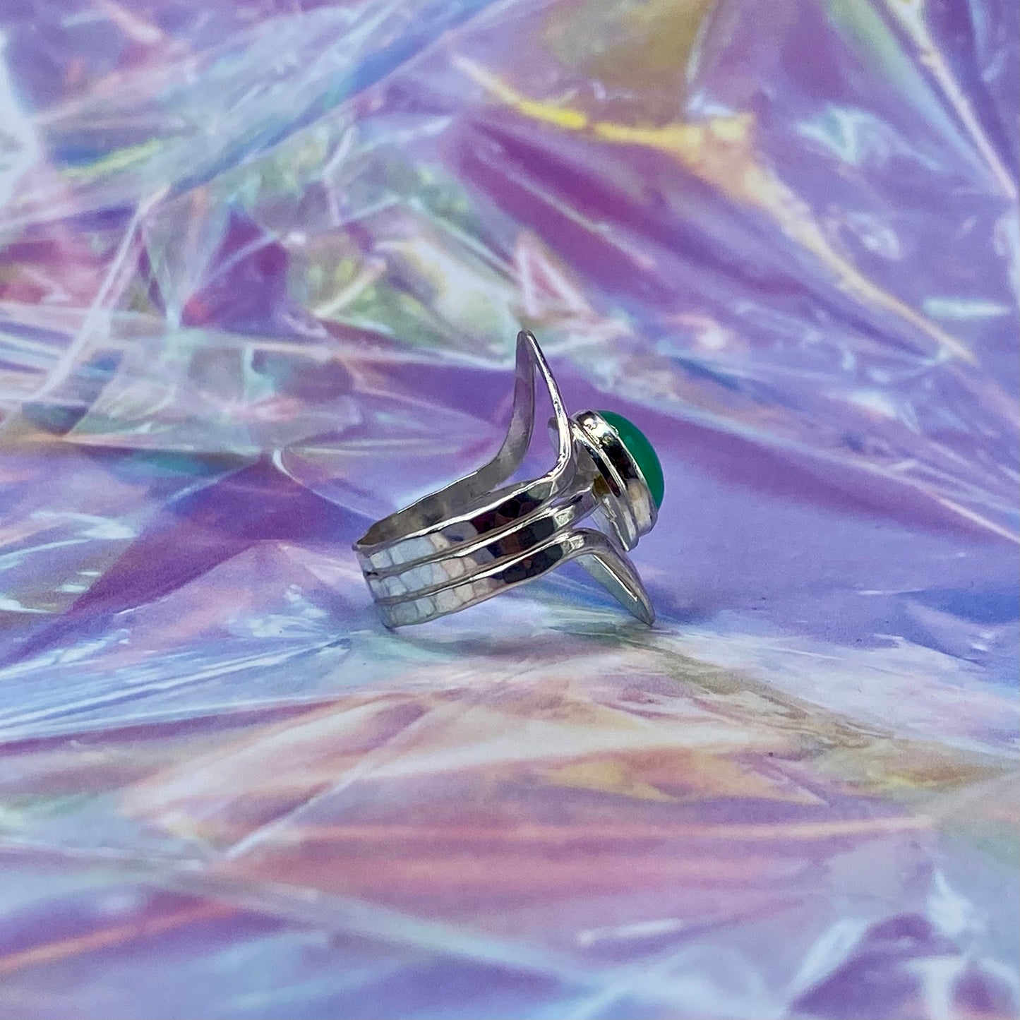Sterling Silver Chrysoprase Hammered Triple Band Ring