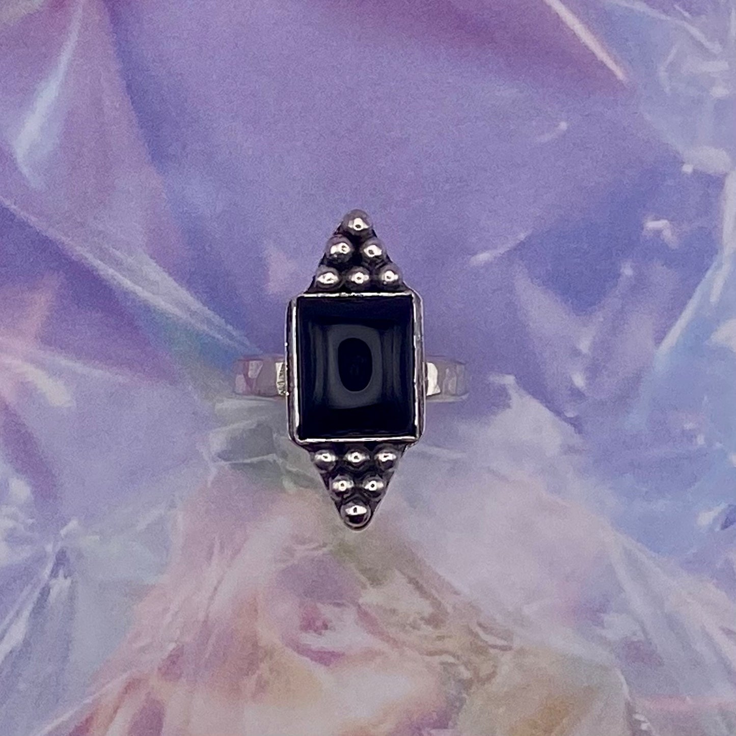 Sterling Silver Black Onyx Hammered Band Ring