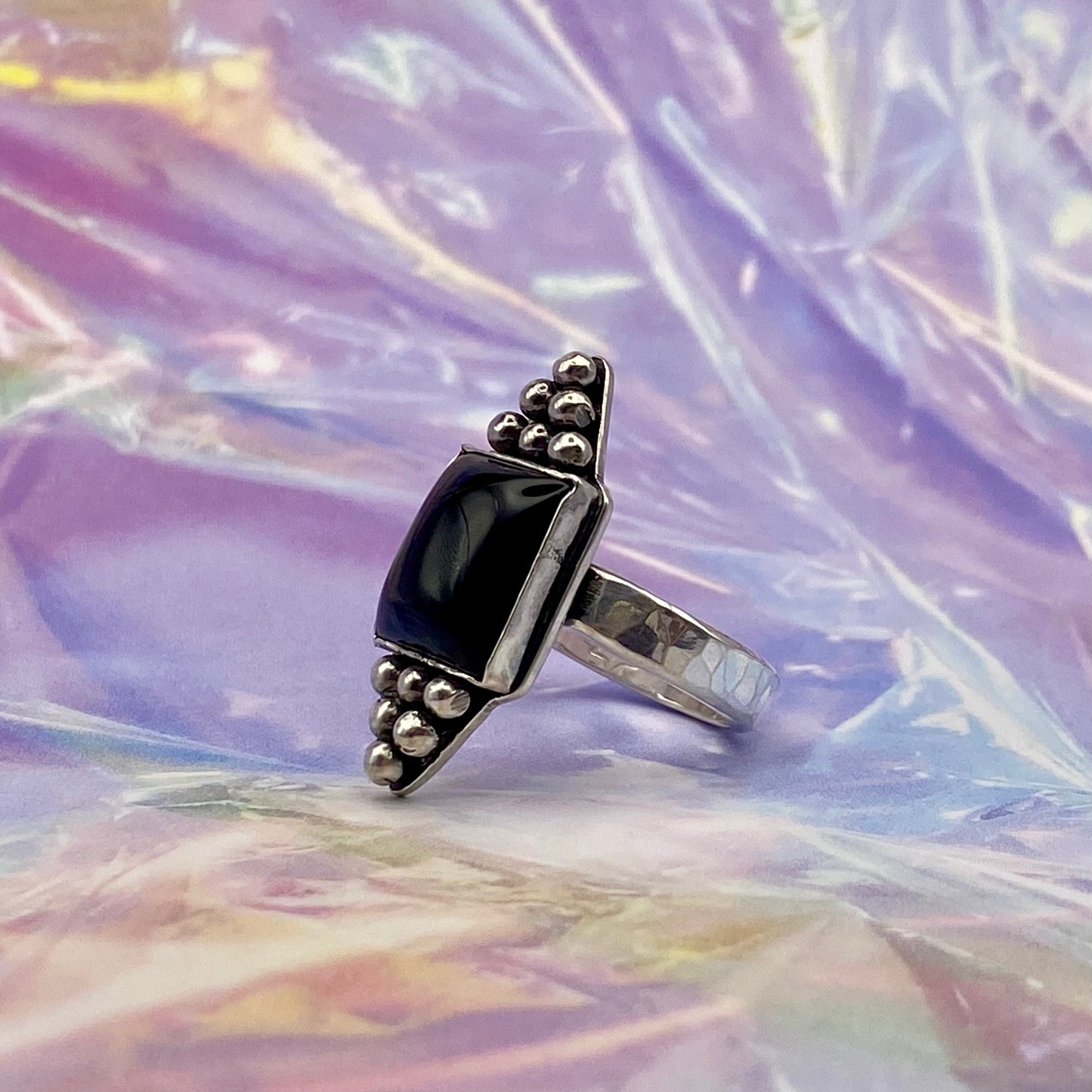 Sterling Silver Black Onyx Hammered Band Ring