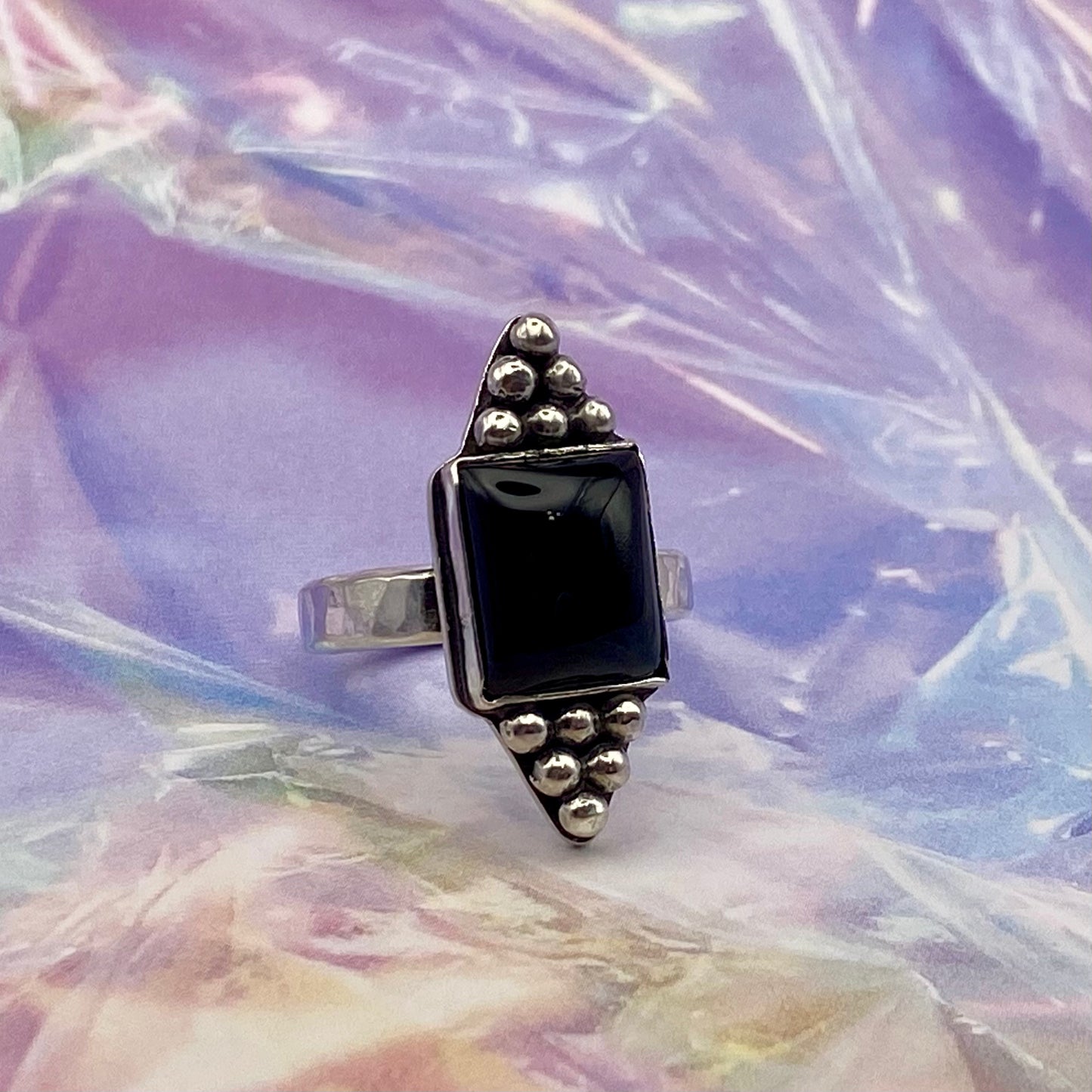 Sterling Silver Black Onyx Hammered Band Ring